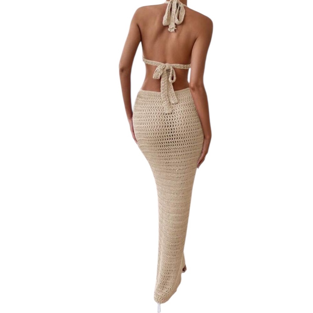 Resort,Vacation,Beach Tan crochet ring cut-out sweater dress,halter,tie,Large - Picture 5 of 8